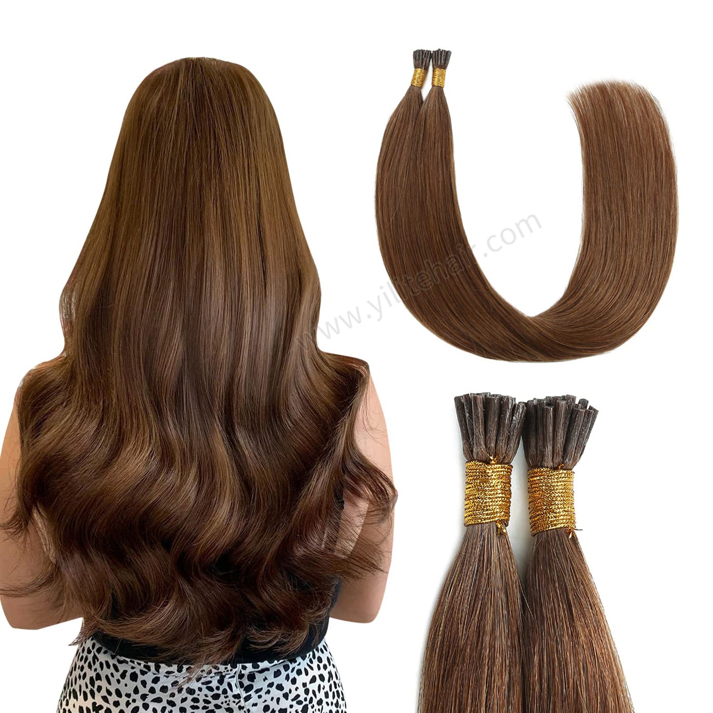 Back view of model wearing Realmhair I Tip hair extensions (#6 Chestnut Brown)