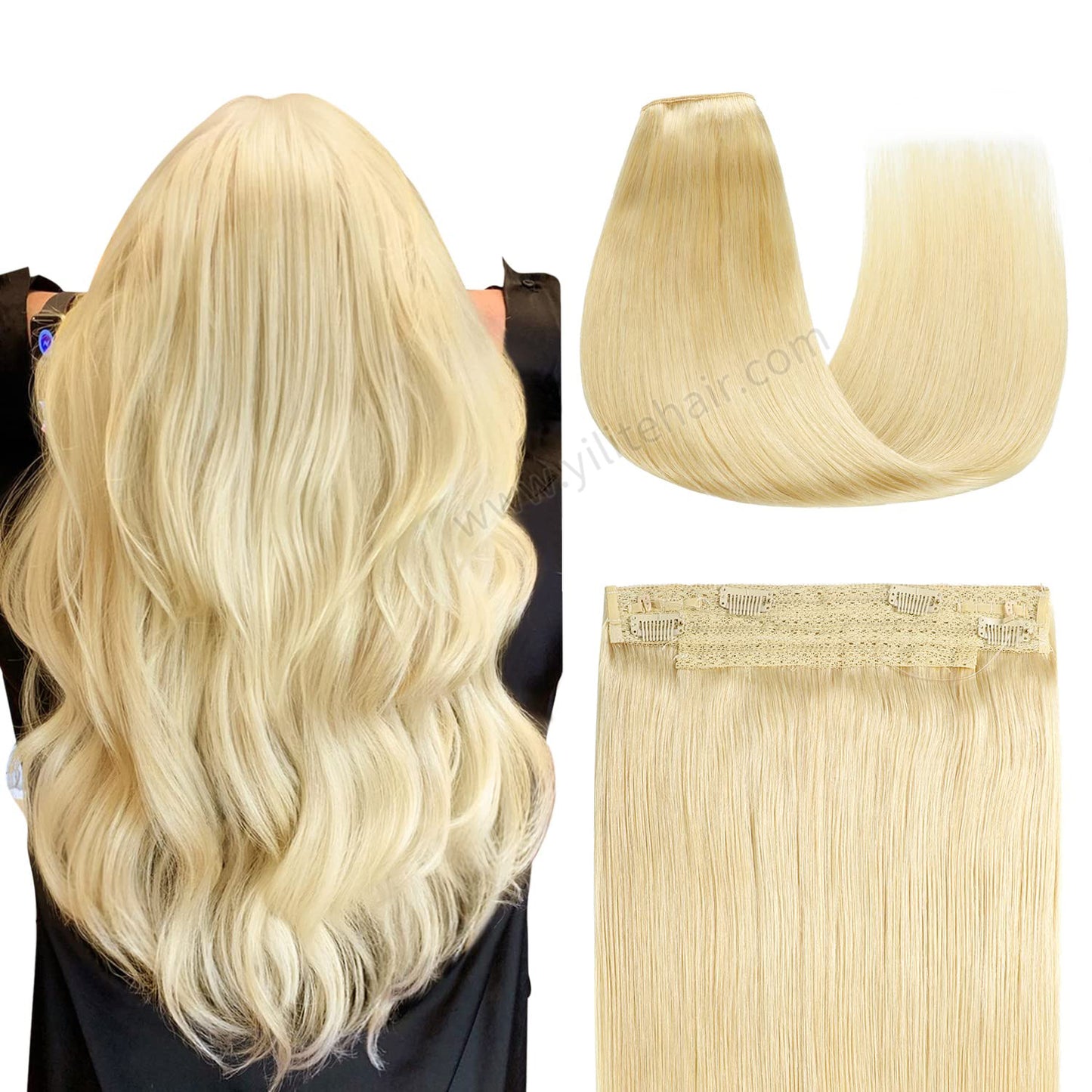 Back view of the model showing wire extensions in color #613, and a close-up of the hair extensions