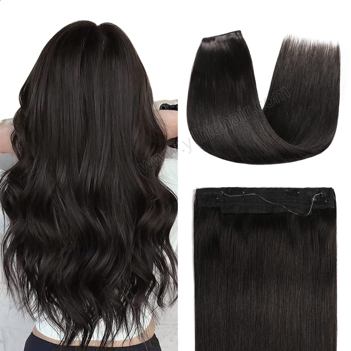 Back view of the model showing wire extensions in color #1B, and a close-up of the hair extensions