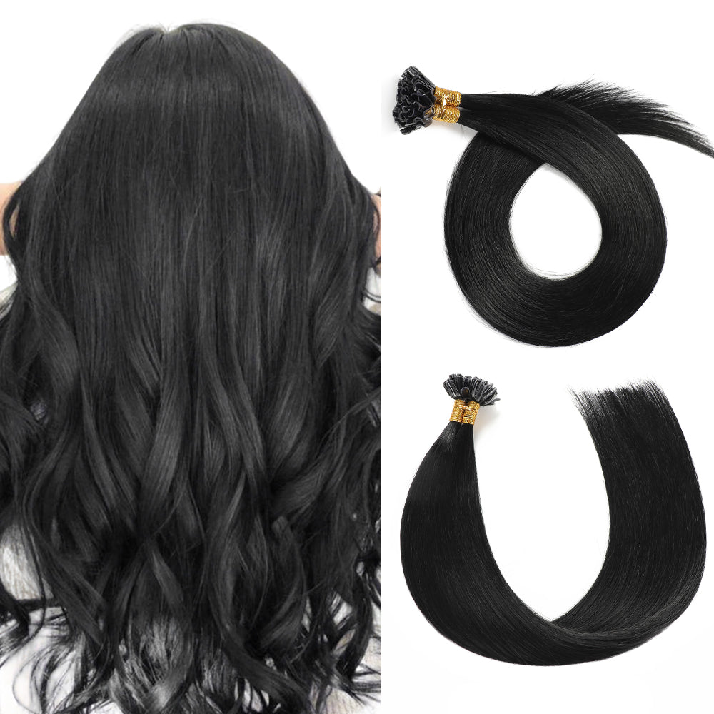 Back view of model wearing Realmhair U Tip hair extensions (#1 Jet Black)