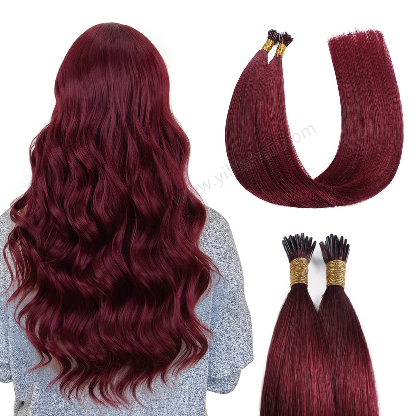 Back view of model wearing Realmhair I Tip hair extensions (#99j Burgundy)