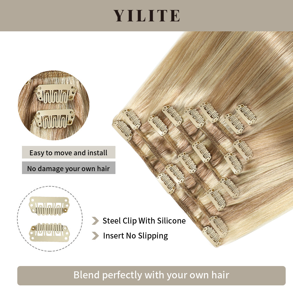 Close-up of seamless clips on 8Pcs 18 Clips clip-in human hair extensions (#P18/613)