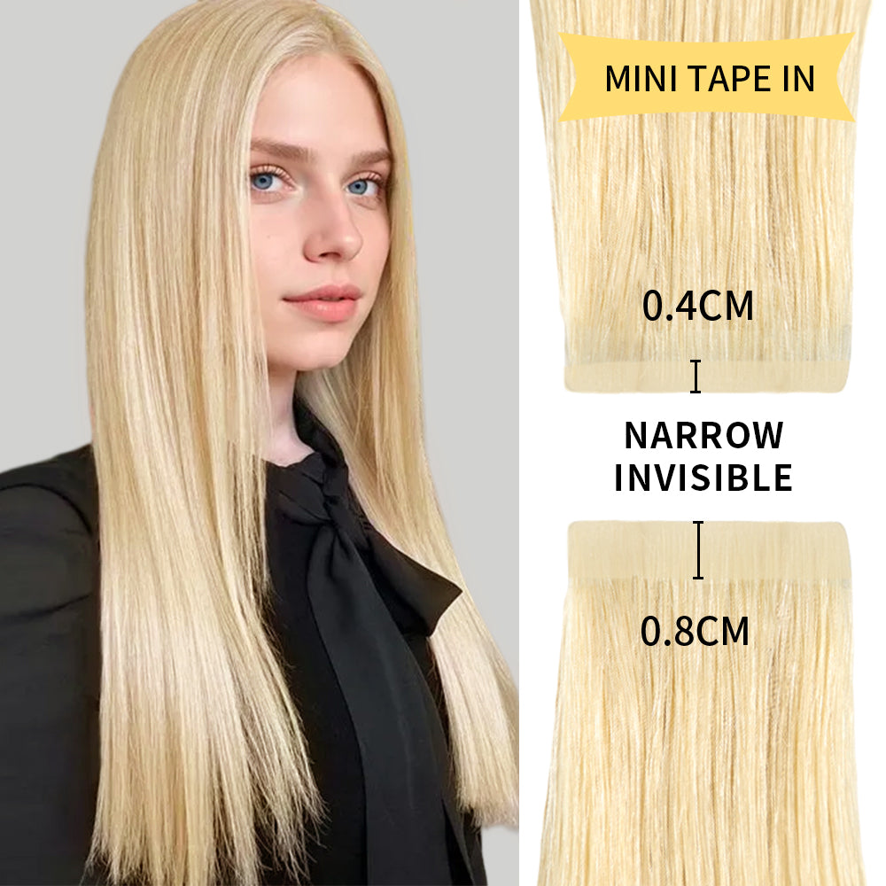 Model wearing narrow mini tape in hair extensions virgin human hair (#613)