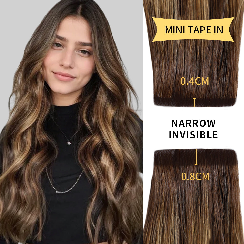 Model wearing narrow mini tape in hair extensions virgin human hair (#P4/27/T4)