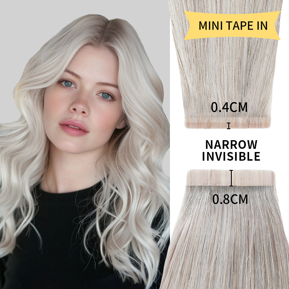 Model wearing narrow mini tape in hair extensions Remy human hair 24Pcs (#Silver)
