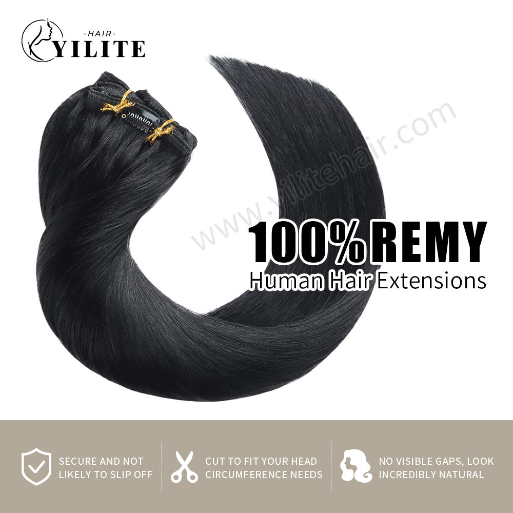 Realmhair clip in human hair extensions 8Pcs 18 clips Remy human hair (#1 Jet Black)