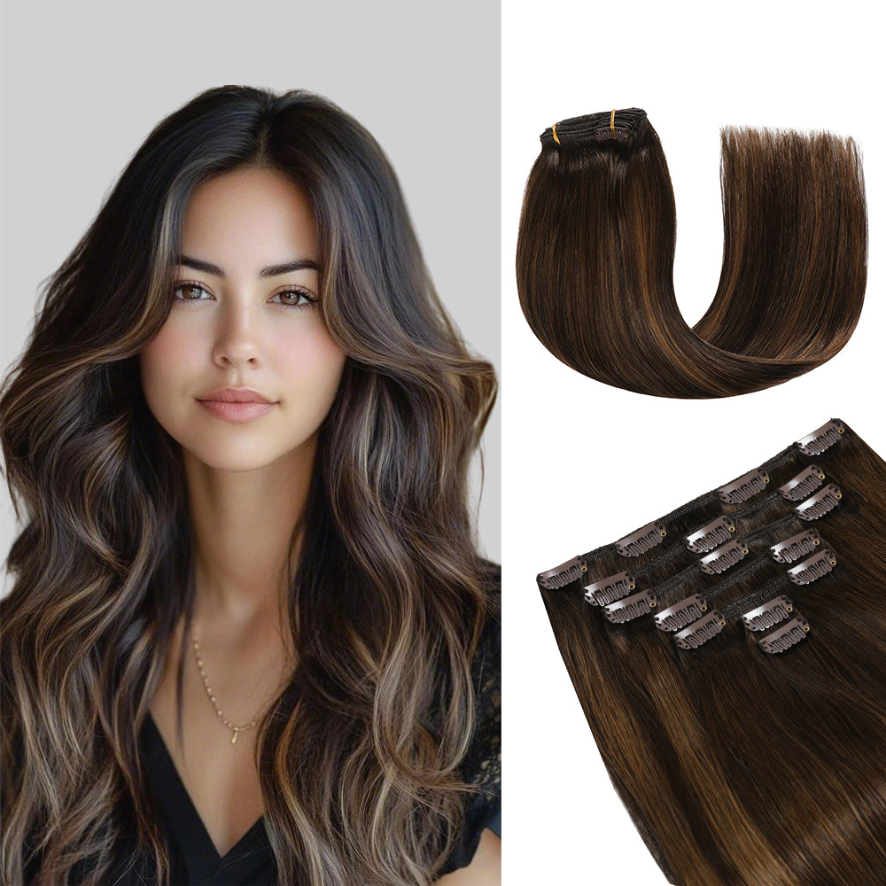 Model showcasing classic clip-in hair extensions 7Pcs 16 Clips (#P2/6/T2)