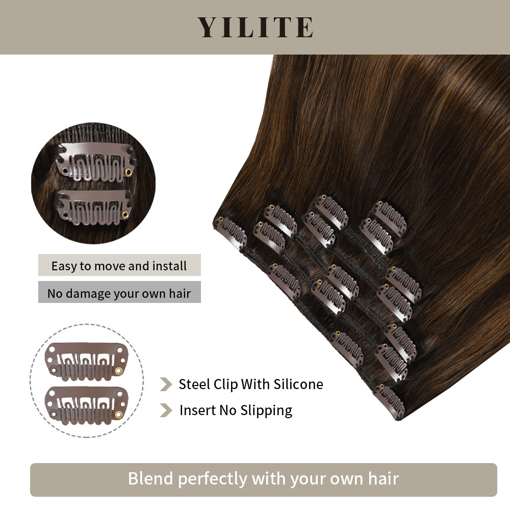Close-up of seamless clips on 7Pcs 16 Clips clip-in human hair extensions (#P2/6/T2)