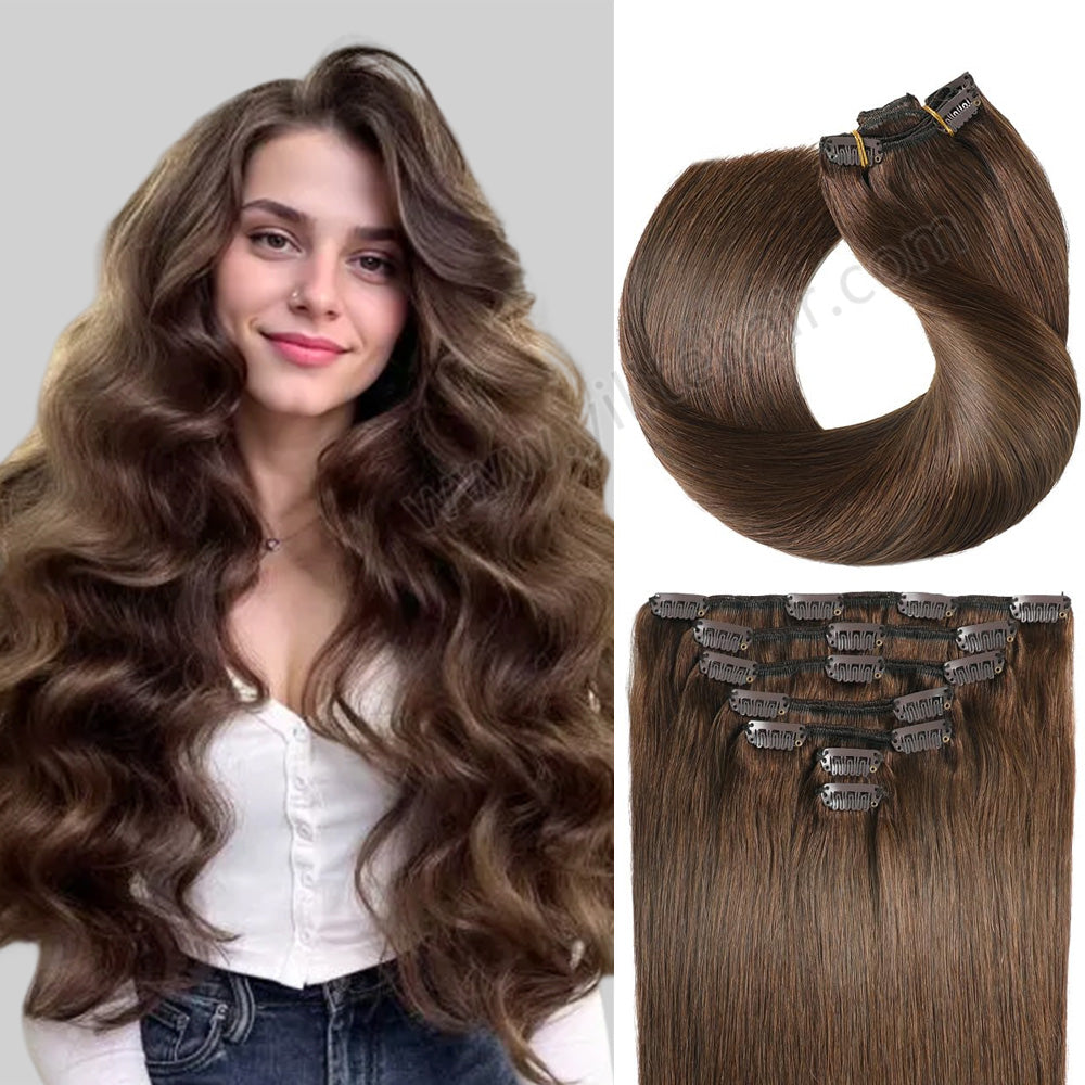 Realmhair Clip In Hair Extensions 7Pcs 16 Clips Invisible Natural Remy Human Hair (#4 Dark Brown)