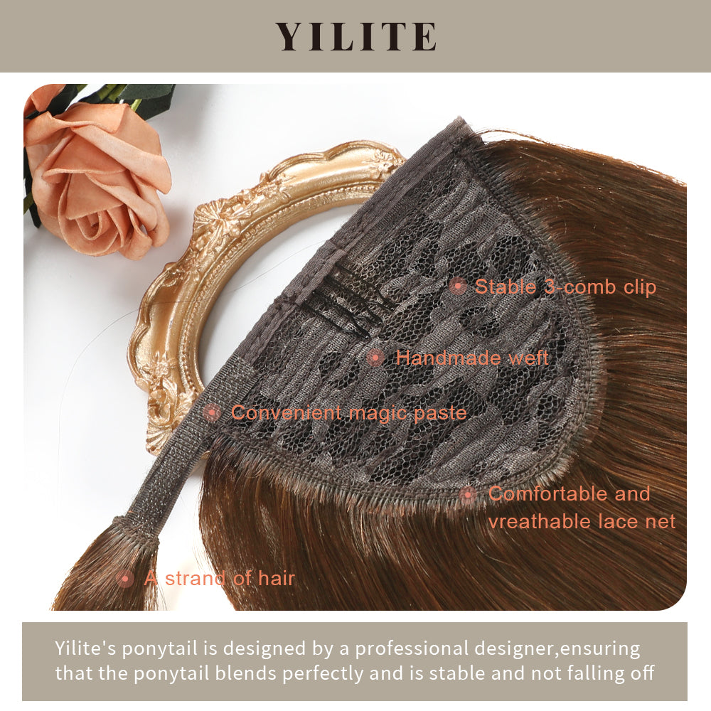 Close-up showing the details of the ponytail extension (#4 Chocolate Brown)