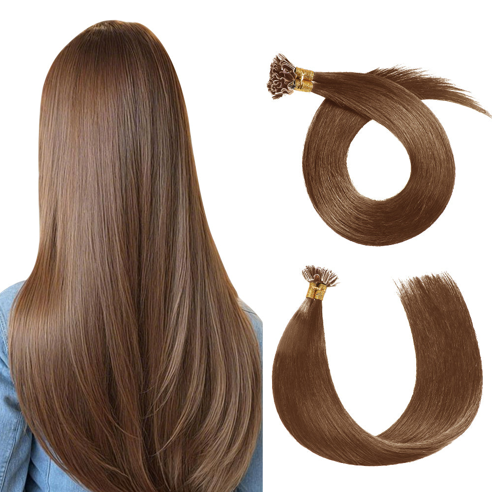 Back view of Realmhair U Tip hair extensions (#6 Chestnut Brown)