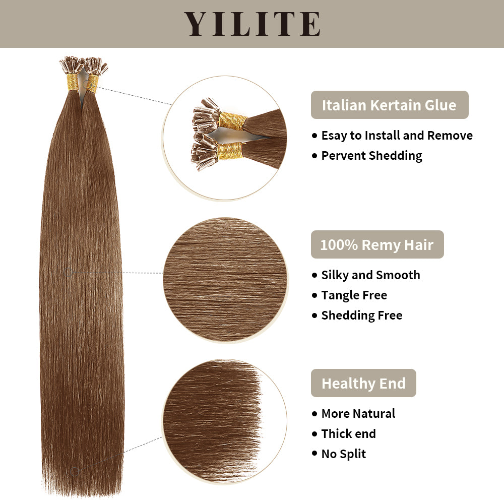 Realmhair U Tip hair extensions with Italian keratin glue, 100% virgin hair, healthy ends (#6)