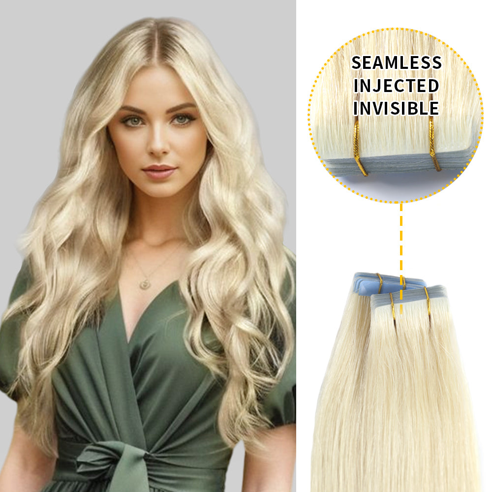 Model showcasing invisible tape in hair extensions 20Pcs virgin human hair (#60 Platinum Blonde)