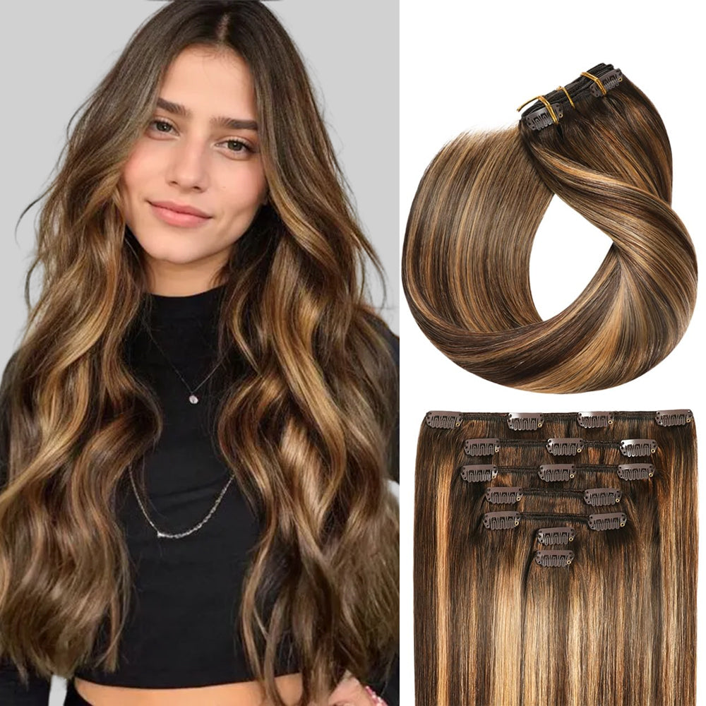 Model wearing #P4/27/T4 classic clip-in hair extensions 7Pcs 16 clips