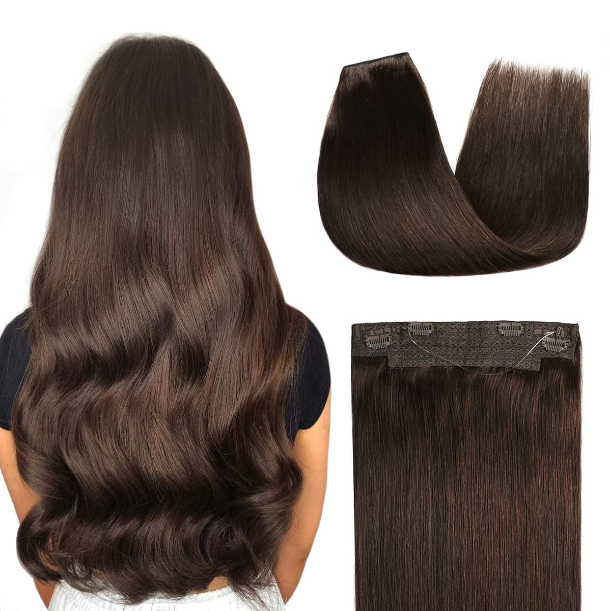 Back view of the model showing wire extensions in color #2, and a close-up of the hair extensions