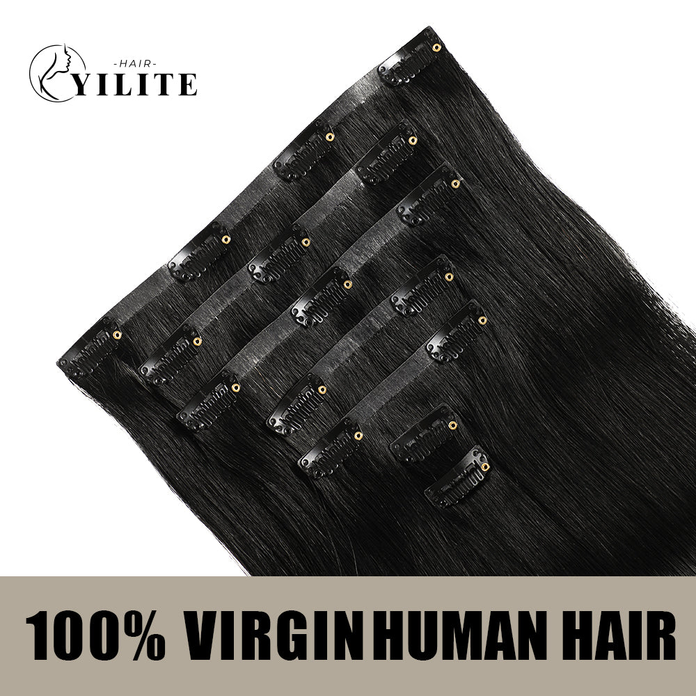 Back view of 7Pcs 16 Clips invisible clip ins Virgin Human Hair (#1B Natural Black)