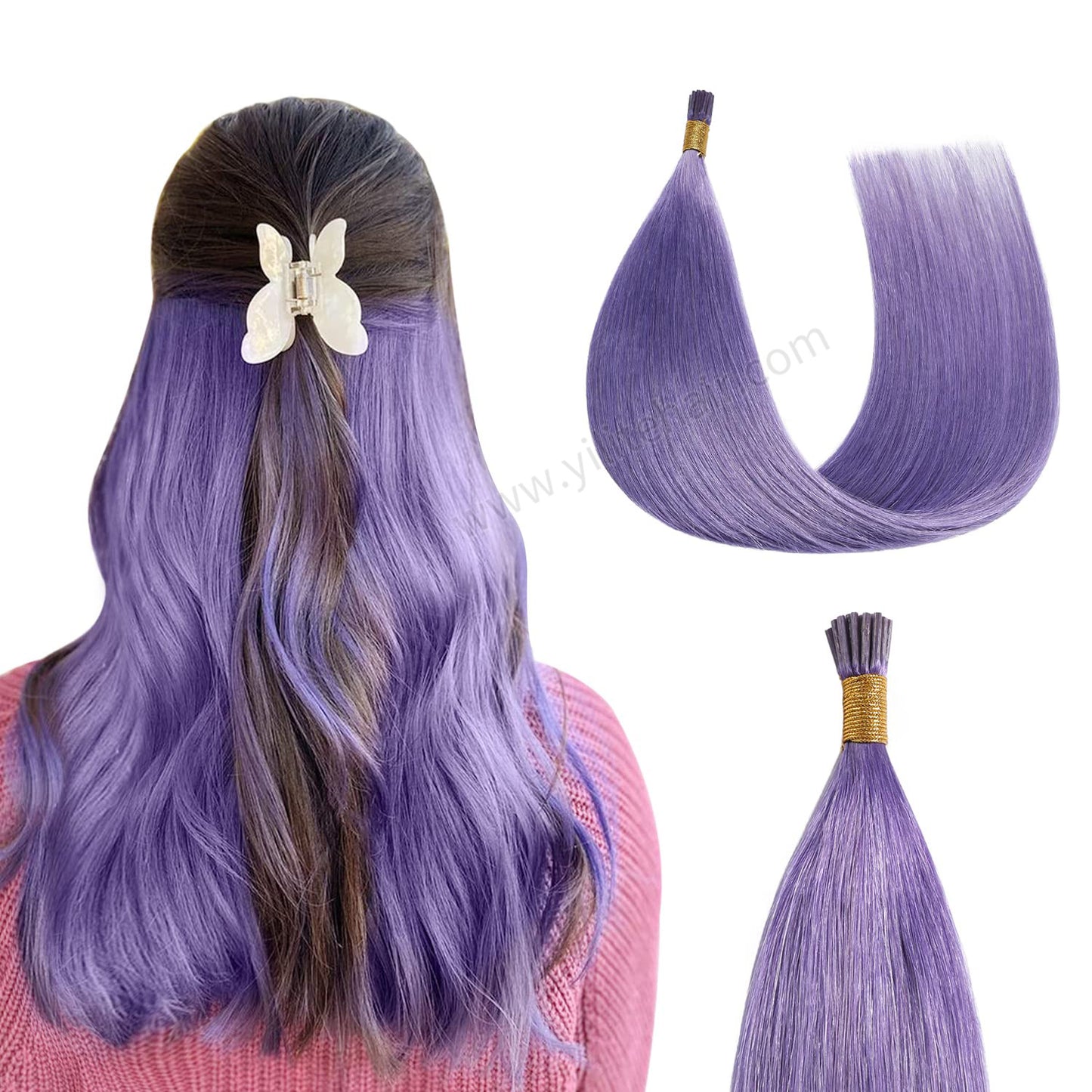 Back view of model wearing Rose Purple I Tip hair extensions blended with natural hair