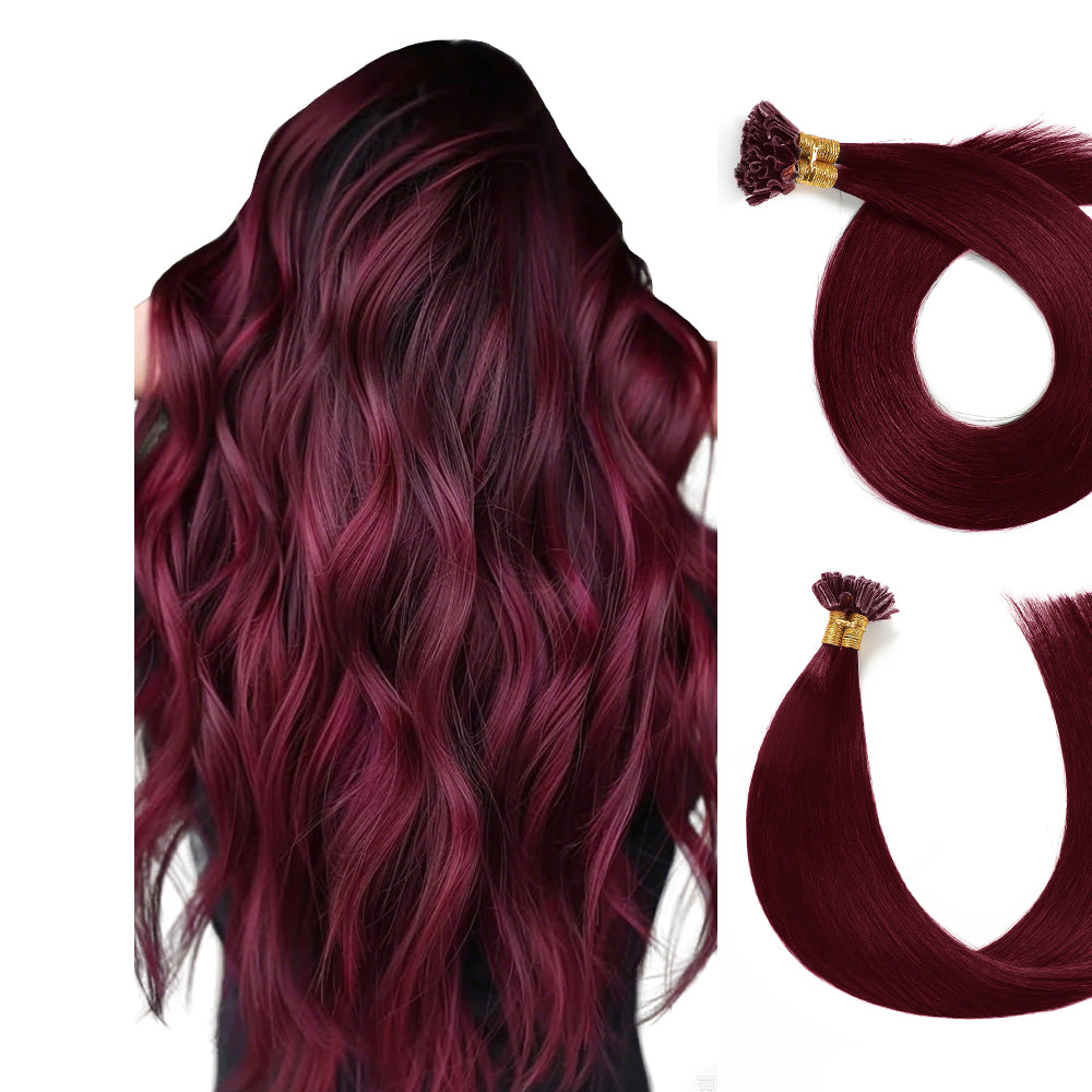 Back view of model wearing Realmhair U Tip hair extensions (#99J Burgundy)