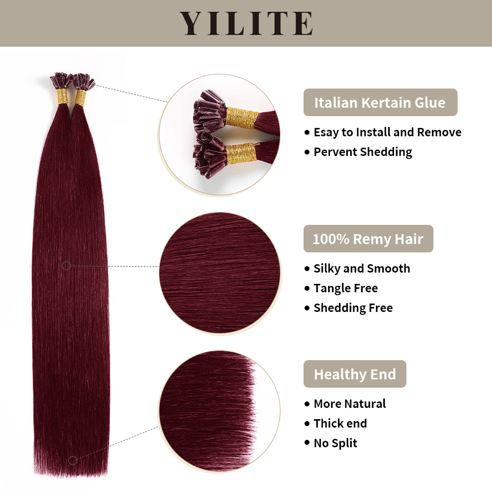 Realmhair U Tip hair extensions with Italian keratin glue, 100% virgin hair, healthy ends (#99J)