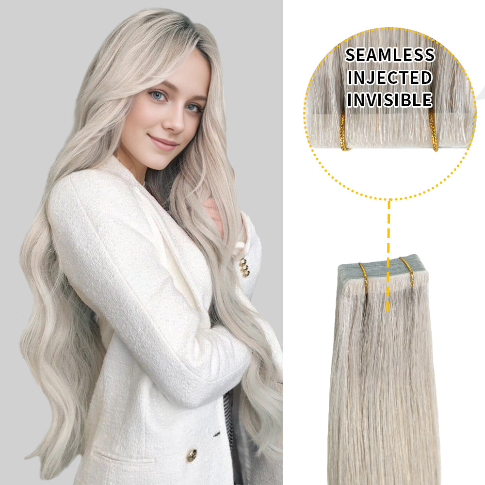 Model wearing seamless invisible tape in hair extensions 20Pcs (#Silver)