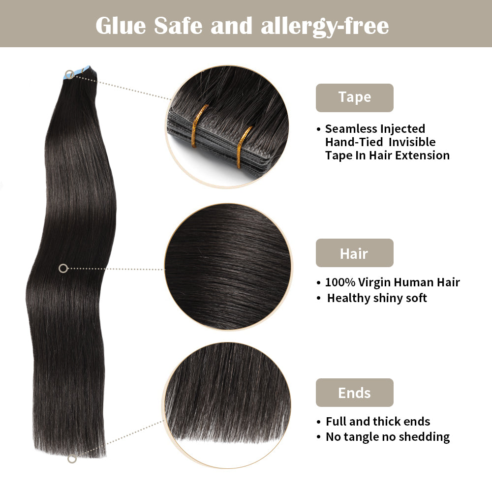 Realmhair invisible tape in hair extensions 20Pcs with safety tapes and full hair ends (#1B )