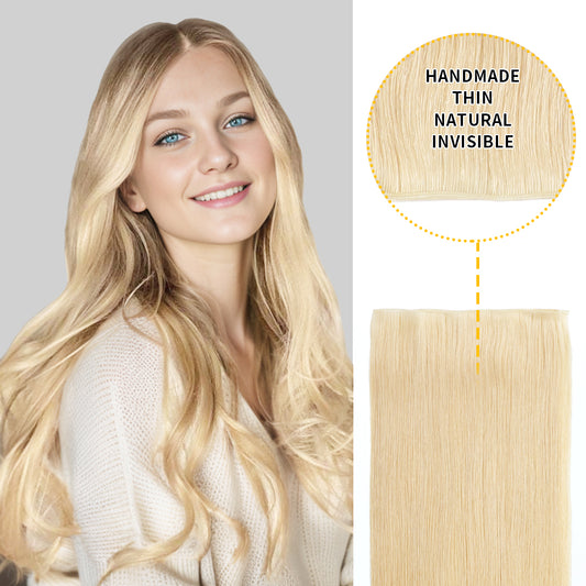 Model showcasing genius weft 1Pc in color #613, and a close-up of the invisible thin weft 