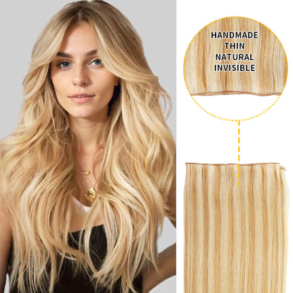 Model showcasing genius weft 1Pc in color #P27/613, and a close-up of the invisible thin weft 