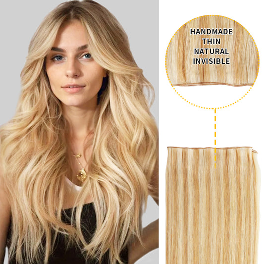 Model showcasing genius weft 1Pc in color #P27/613, and a close-up of the invisible thin weft 
