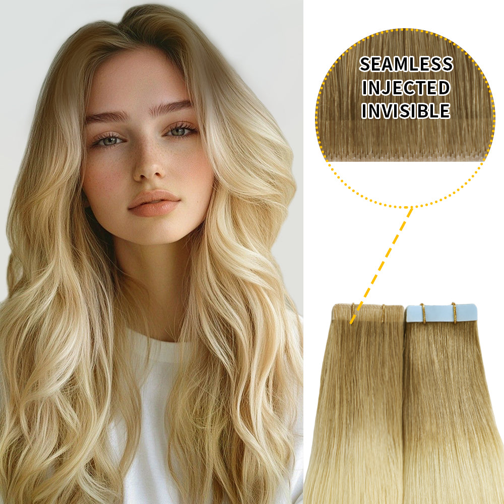 Model wearing seamless invisible tape in hair extensions 20Pcs (T8/60)