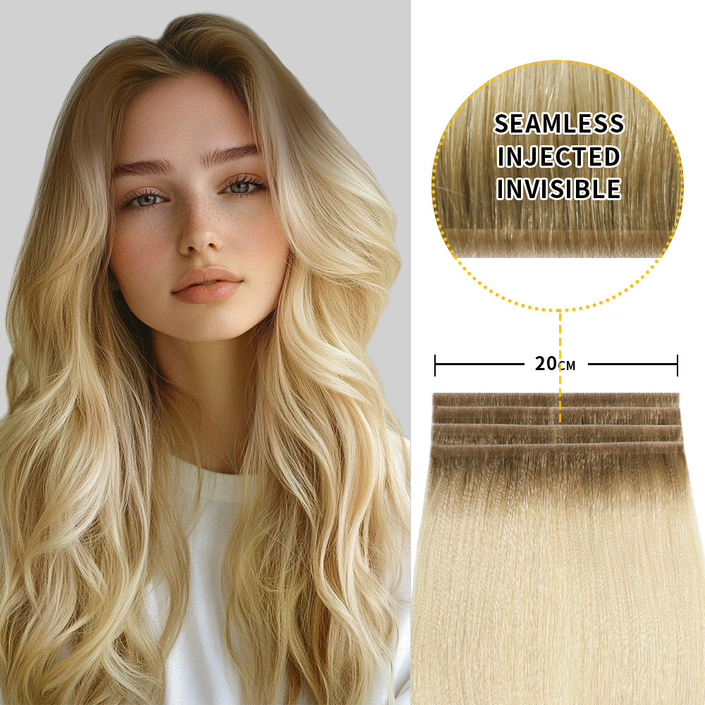 Model showcasing Realmhair 20*0.8cm long invisible tape in hair extension 4Pcs (#T8/60 )