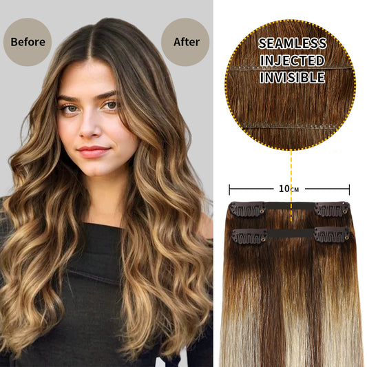 Before and after wearing Realmhair ##P6/613/T4 seamless clip in hair pads, 10cm wide piece 