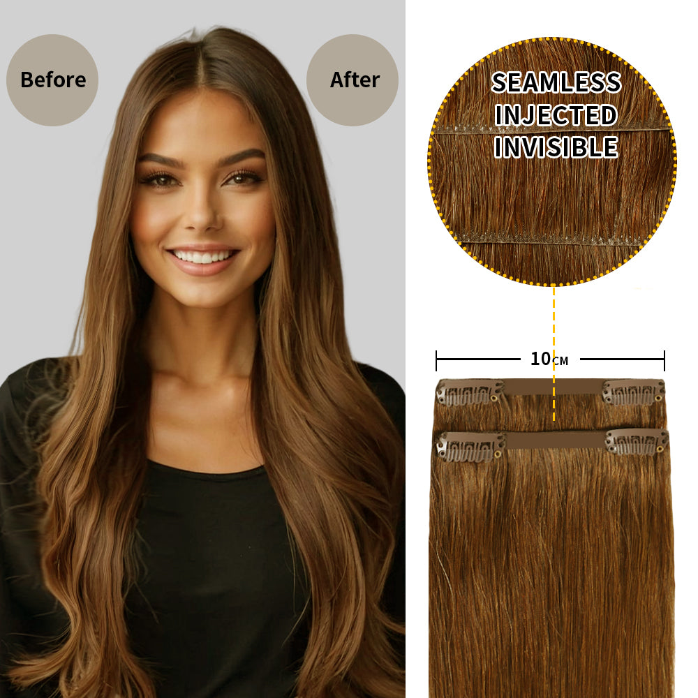 Before and after wearing Realmhair #6 Medium Brown seamless clip in hair pads, 10cm wide piece 