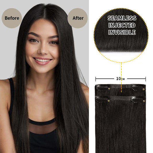 Before and after wearing Realmhair  #1B Natural Black seamless clip in hair pads, 10cm wide piece