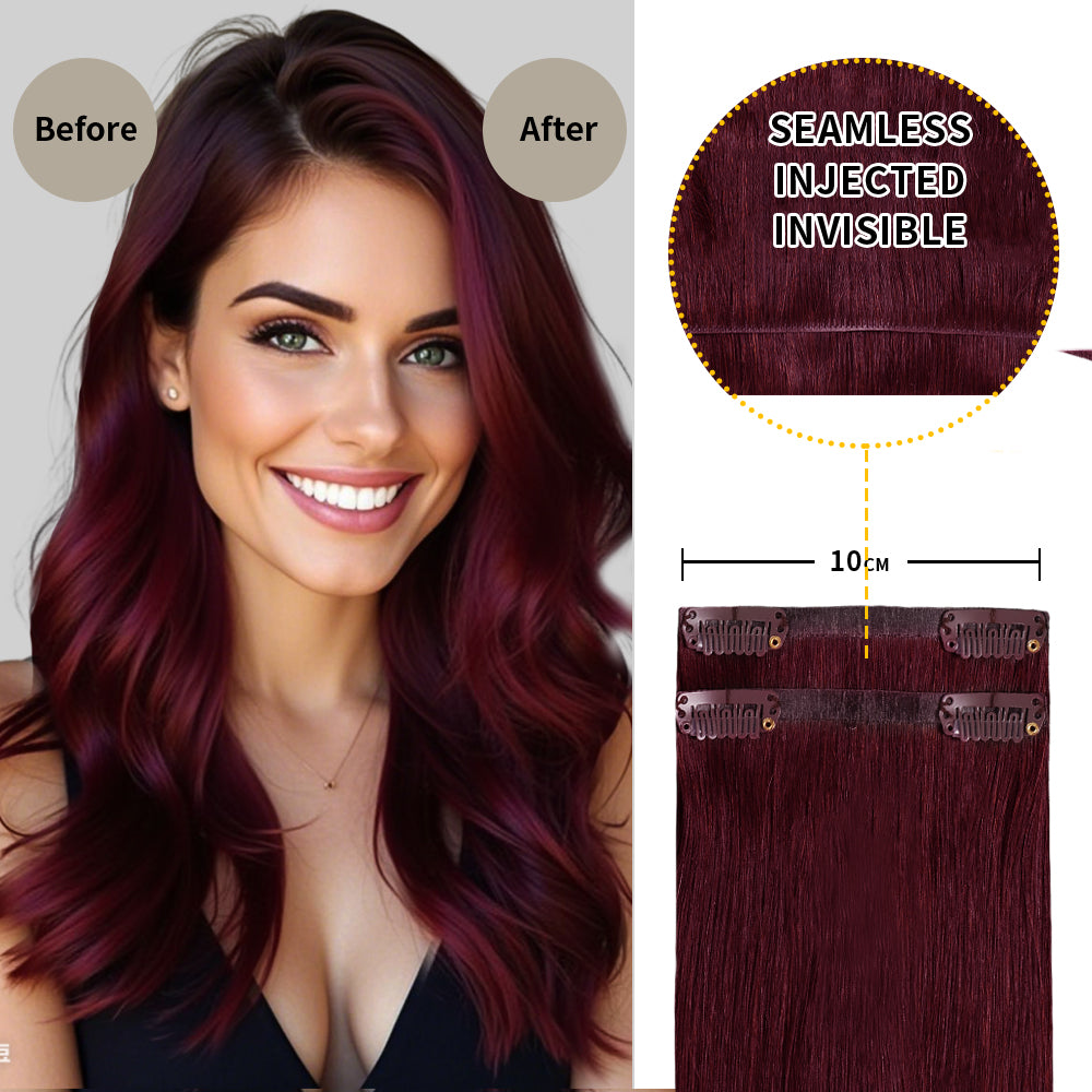 Before and after wearing Realmhair #99J Burgundy seamless clip in hair pads, 10cm wide piece  