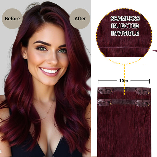 Before and after wearing Realmhair #99J Burgundy seamless clip in hair pads, 10cm wide piece  