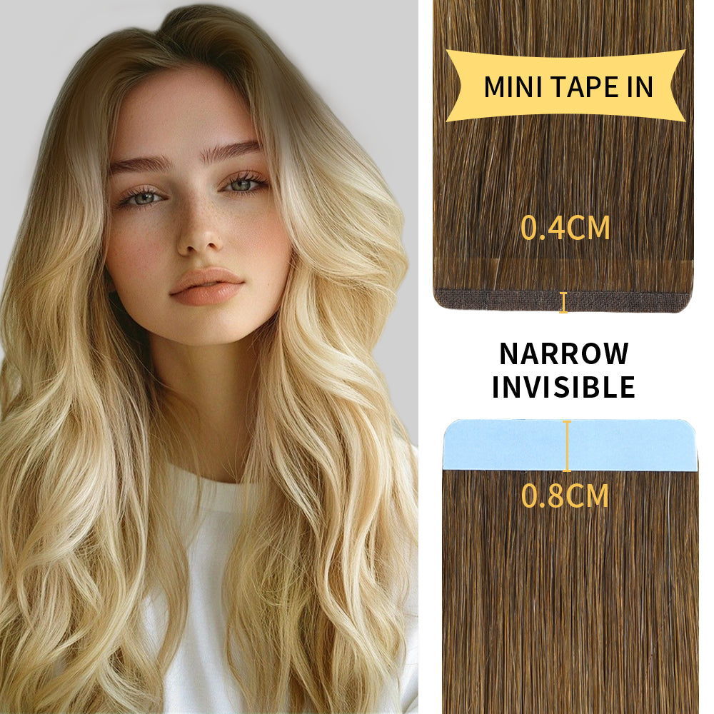 Model wearing narrow mini tape in hair extensions virgin human hair (#T8/60)