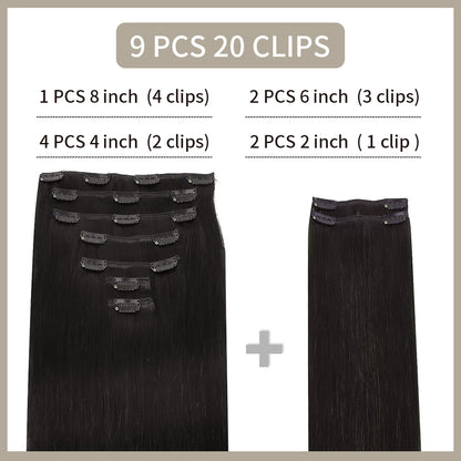 Realmhair Clip In Hair Extensions 9Pcs 20 Clips Invisible Natural Remy Human Hair (#1B Natural Black)