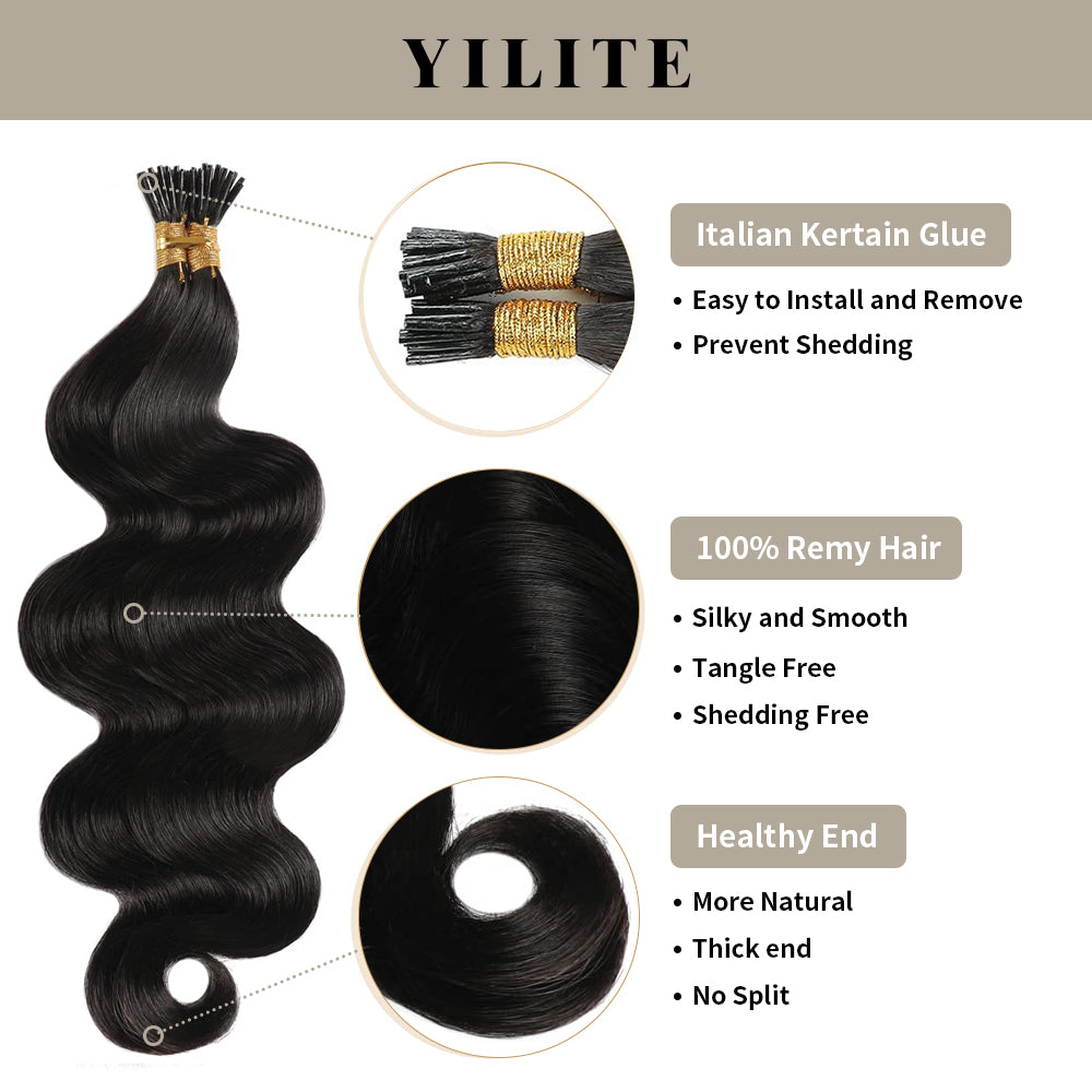 Body Wave I Tip hair extensions with Italian keratin glue, 100% virgin hair, healthy ends (#1B)