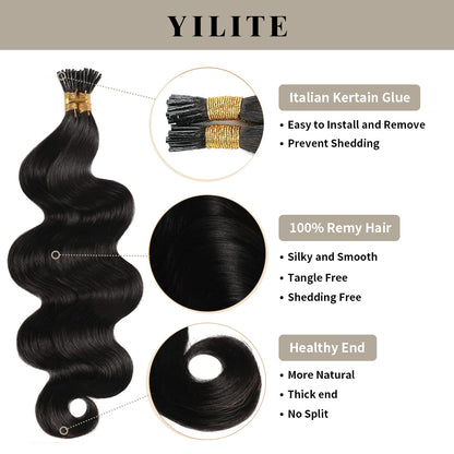Body Wave I Tip hair extensions with Italian keratin glue, 100% virgin hair, healthy ends (#1B)