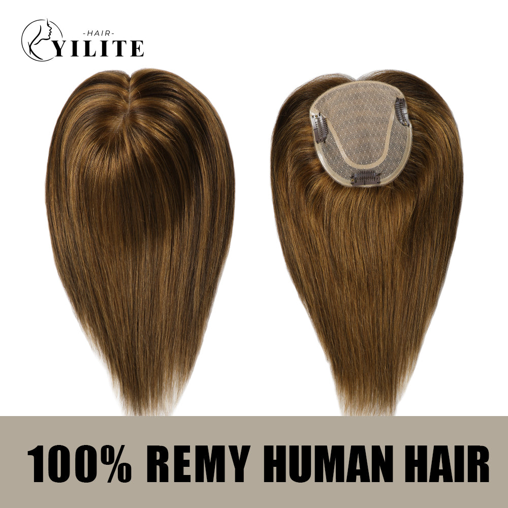 Realmhair hair toppers virgin human hair 12¡Á13 Mono Silk Base (P10/4 Golden Brown Dark Brown)
