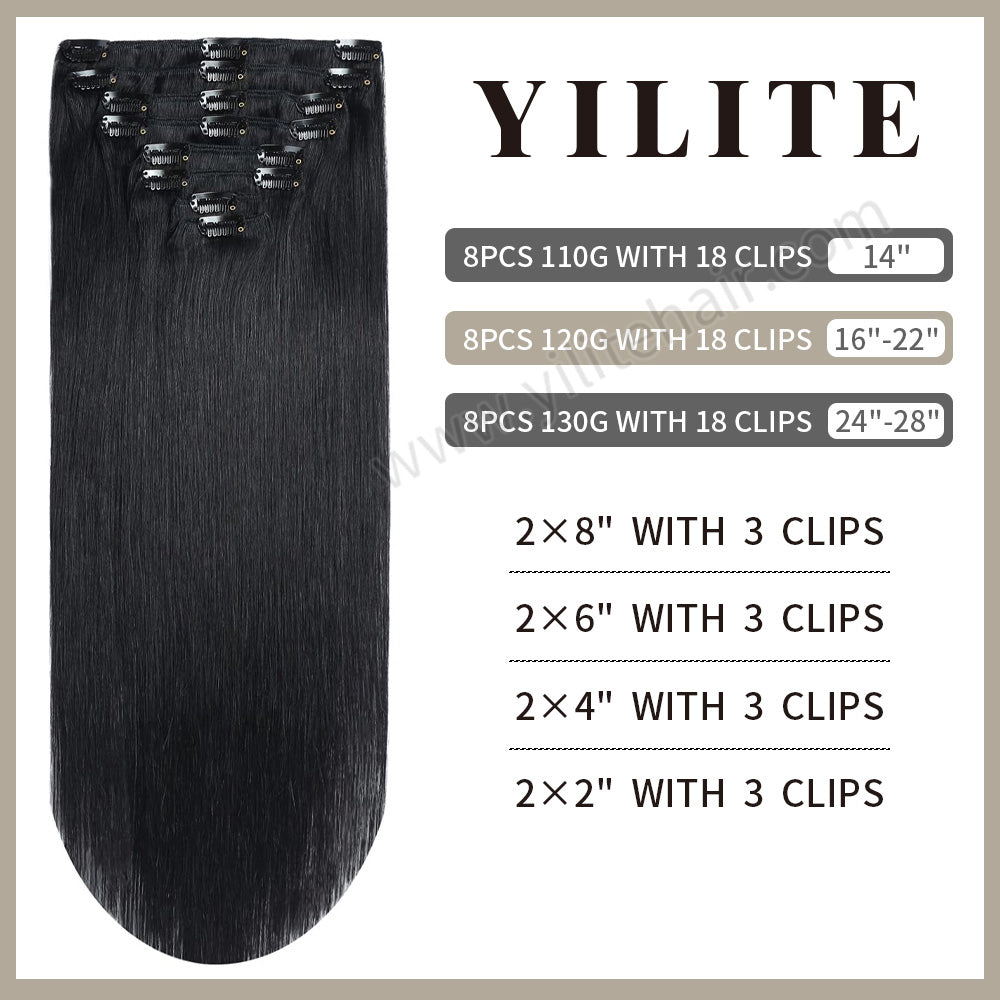 Realmhair clip-in extensions 8Pcs 18 clips layout with size and clip count (#1 Jet Black)
