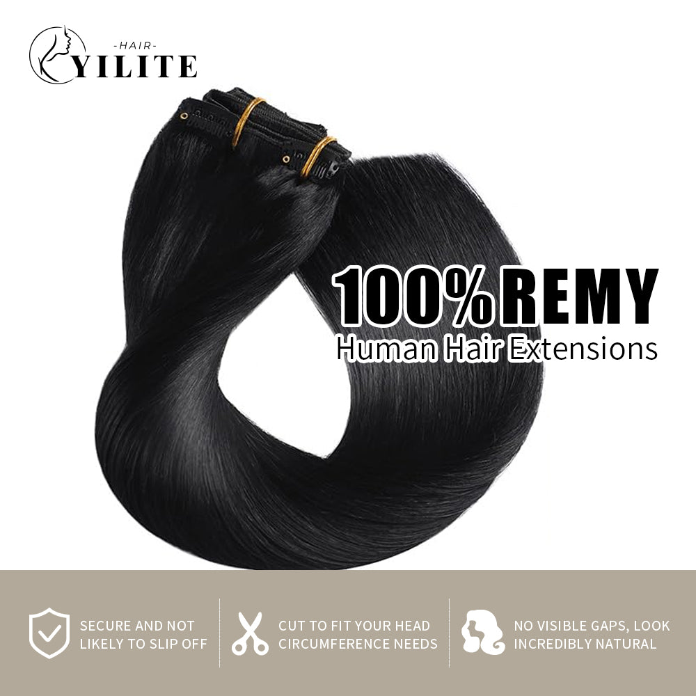 Realmhair clip in hair extensions 7Pcs 16clips Remy human hair (#1 Jet black)