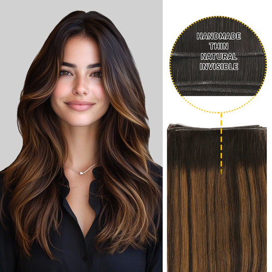 Model showcasing genius weft in color #P1B/6/T1B, and a close-up of the invisible thin weft 