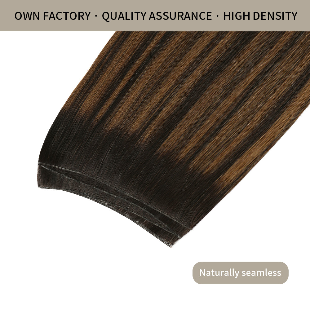 Close-up of Realmhair seamless high-density genius weft in #P1B/6/T1B with naturally thin weft base