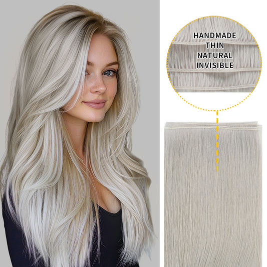 Model showcasing genius weft in silver, and a close-up of the invisible thin weft 
