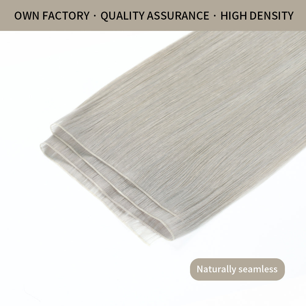Close-up of Realmhair seamless high-density genius weft  in silver with naturally thin weft base 