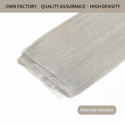 Close-up of Realmhair seamless high-density genius weft  in silver with naturally thin weft base 