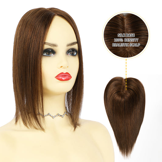 Model showcasing hair toppers for women 12¡Á13 Mono Silk Base (#4 Dark Brown)