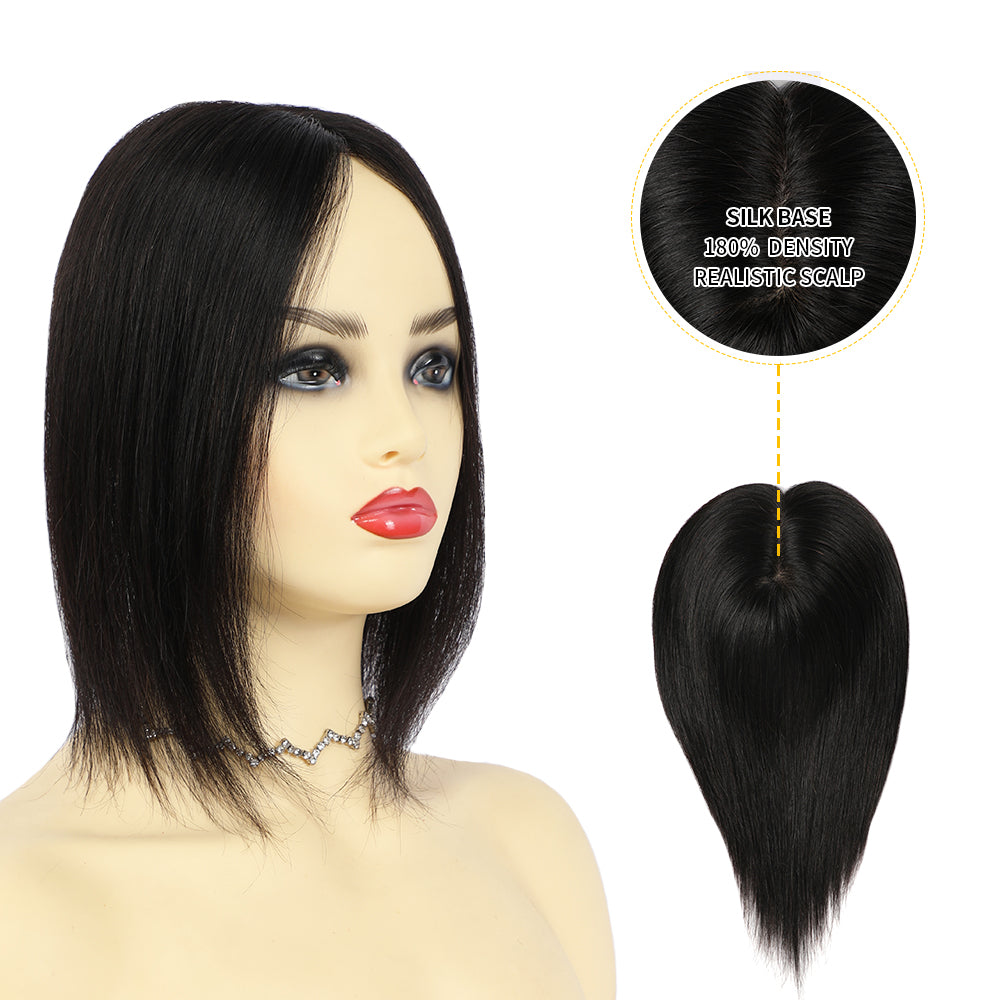 Model showcasing hair toppers for women 12¡Á13 Mono Silk Base (#1 Jet Black)