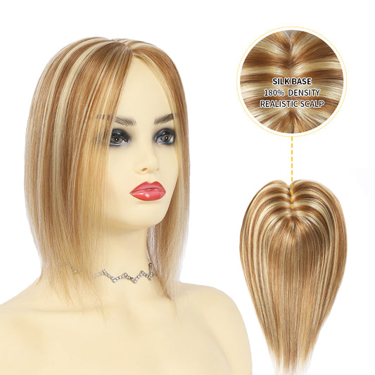 Model wearing hair toppers for women 12¡Á13 Mono Silk Base (P10/22 Golden Brown Medium Blonde)